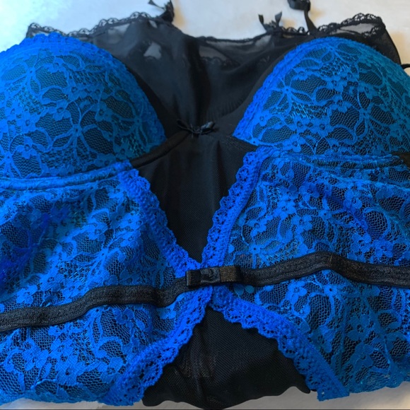 Black Fuschia Secret Lace Lingerie Blue Corset with Garters - Picture 6 of 16